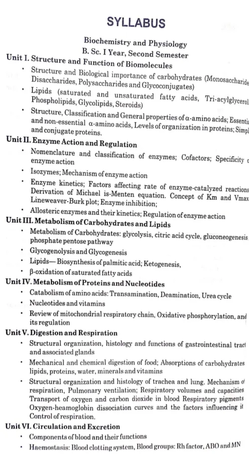Biochemistry And Physiology B.Sc.2nd Sem.Zoology testbook Syllabus Page.