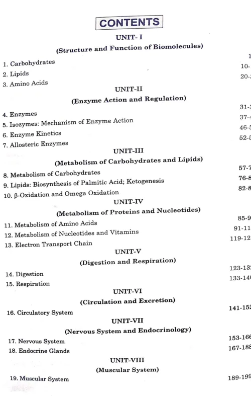 Biochemistry And Physiology B.Sc.2nd Sem.Zoology testbook Contents Page.
