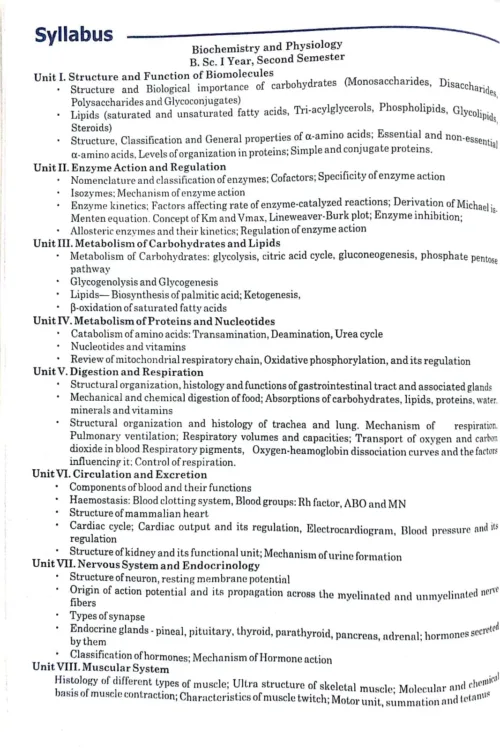 Biochemistry And Physiology Zoology syllabus Page.