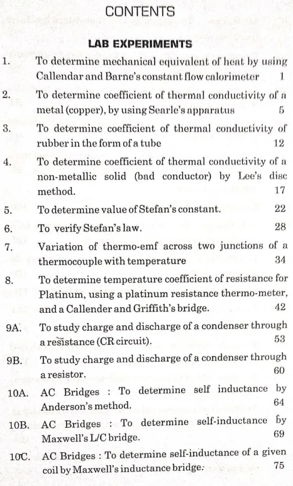 Physics Practical Contents Page.